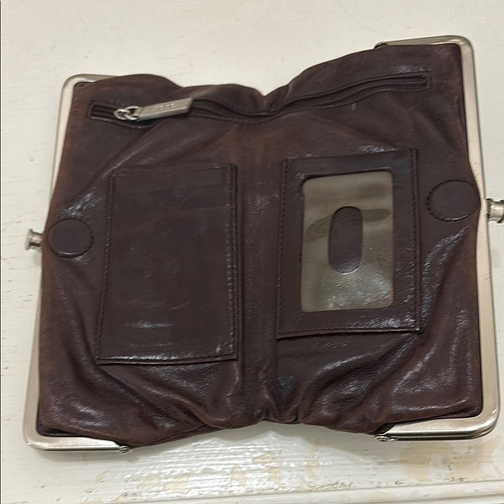 HOBO Dark Brown Leather Clutch with Silver Trim